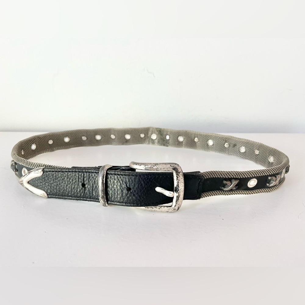 Vintage Kudos Metal and Black Leather Belt 34” Industrial Grunge Moto